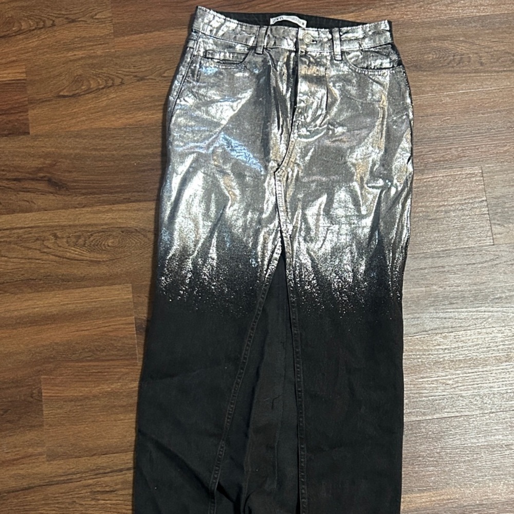 Zara Metallic Silver Foil Black Denim Maxi Skirt